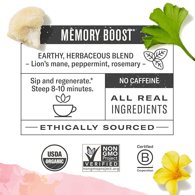 Numi Organic Damiana Focus Herbal Tea – 48 Herbal Tea Bags – Caffeine Free Blend with Damiana Ginkgo Lion’s Mane Hibiscus Mint &amp Licorice for Mental Clarity &amp Natural Energy