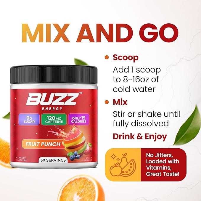 Morning Buzz Energy Drink Powder - Energy Boost Drink Mix - Sugar-Free Energy Powder with Antioxidants - Morning Kickstart and Sports Nutrition Endurance Product - 30 Servings Fruit Punch 7.9 Ounces