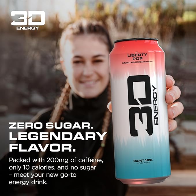 3D Energy Drink – Sugar Free 200mg Caffeine Pre Workout Taurine L-Carnitine Lightly Carbonated 16oz Cans 12 Pack - Liberty Pop