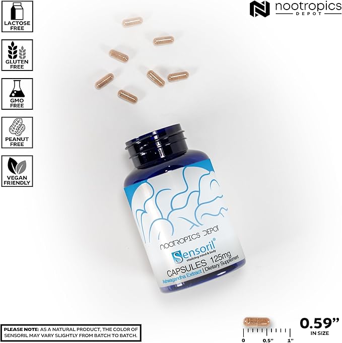 Nootropics Depot Sensoril Ashwagandha Capsules | 125mg | 180 Ct. | Ayurveda Supplement | Standardized Withania somnifera Extract | to Support Healthy Energy Mental Cognition + Cardiovascular Health