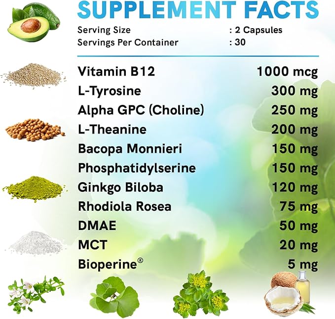 12-in-1 Nootropic Brain Supplement Anhydrous: Ginkgo Biloba for Brain Support Memory and Focus - B12 Alpha GPC L Theanine and Choline Supplements with Bioperine non Caffeinated 1321mg (180ct)