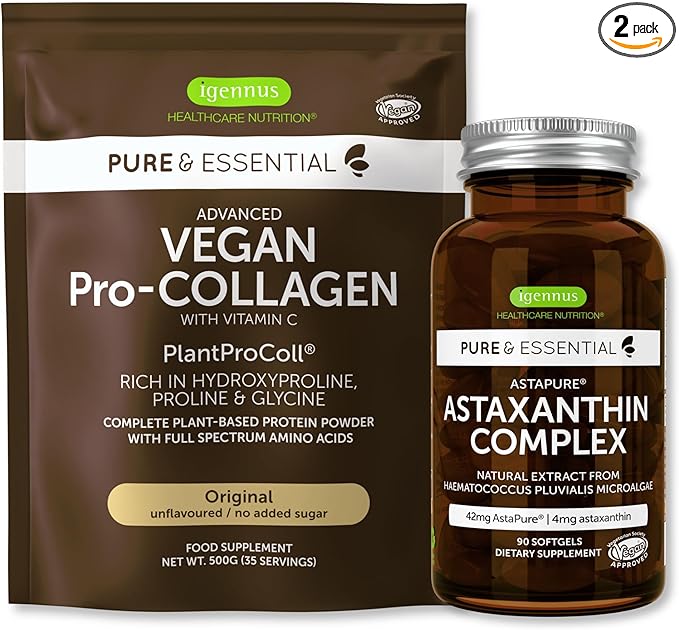 Pure &amp Essential Vegan Collagen Peptide Protein Powder + Astaxanthin Complex Vegan Bundle Complete Collagen Boosting Formula + Natural Astapure Providing 4 mg H. Pluvialis Astaxanthin for Hair S