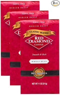 Red Diamond Whole Bean Coffee Classic Blend Medium Roast Premium Arabica Whole Beans Smooth &amp Rich Flavor 11 Ounce Resealable Bag (Pack of 3)