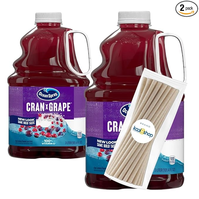 Ocean Spray Cran Grape Juice Drink 101.4 fl oz Plastic Bottles 2 Pack + 15 Sugarcane Disposable Straws by KOOL8SHOP Infinite Deals