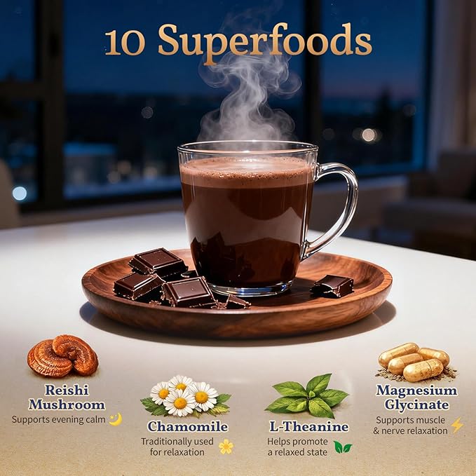 Sleep Cocoa with Magnesium – Sugar-Free Melatonin-Free Bedtime Cocoa Drink for Adults No Caffeine 30 Individually Wrapped Servings (Unflavored)