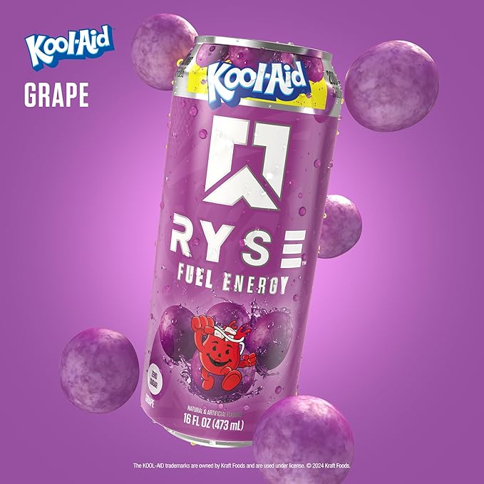 RYSE Fuel Energy Drink - Kool-Aid Grape - Sugar Free Gluten Free &amp Vegan - 200mg Natural Caffeine Taurine &amp Choline for Focus &amp Energy - No Artificial Colors - 16 fl oz Cans (12-Pack)