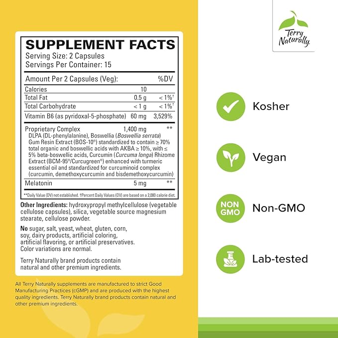Terry Naturally Curamin Nighttime - Curcumin &amp DLPA Capsule Supplement - Non-GMO Supplement to Support Healthy Sleep &amp Relaxation - Herbal Supplement with Melatonin - 30 Capsules