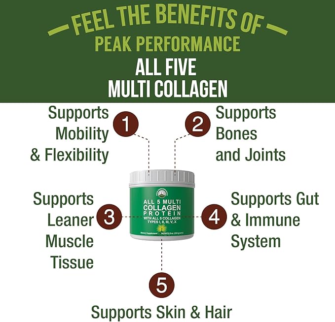Peak Performance All 5 Multi-Collagen Protein Powder Peptides Multi-Collagen Contains All Types I II IIIV X. Keto Paleo Friendly with Hydrolyzed Bovine Marine Chicken Bone Broth Collagens