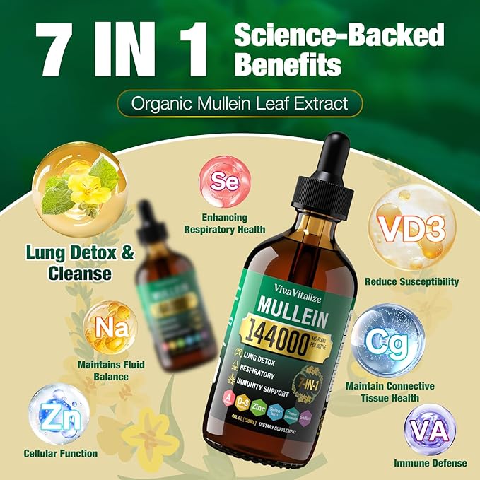 Mullein Drops for Lungs144000mg Mullein Leaf Extract for Lungs Cleanse &amp Respiratory Function Healthy Breathing Immune Digestive System Natural Herbal Supplement Sugar &amp Alcohol-Free120-Da
