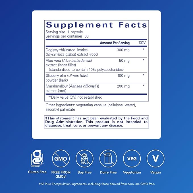 Pure Encapsulations DGL Plus - Gut Health Supplements for Men &amp Women - with Marshmallow Root Aloe Vera Extract &amp Slippery Elm Bark - Non-GMO &amp Vegan - 60 Capsules