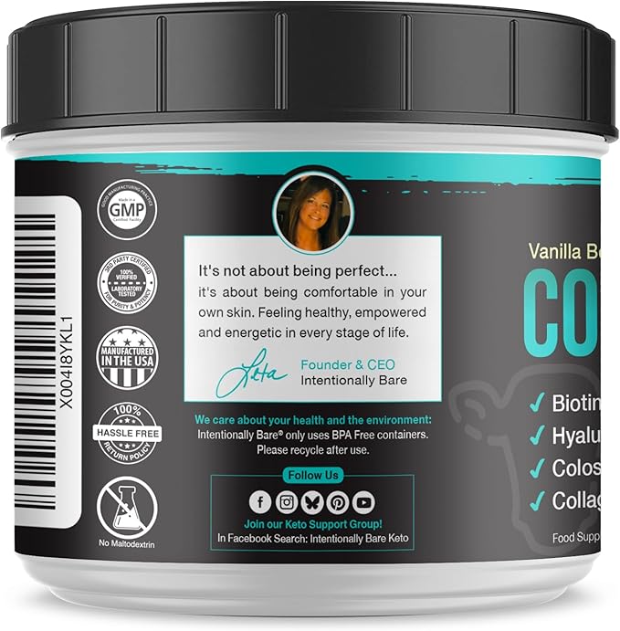 Intentionally Bare Colostrum and Collagen Powder - Bovine Colostrum Powder for Gut Health Immunity Hair Skin &amp Nails - Vanilla Bean Collagen Supplement with Biotin &amp Hyaluronic Acid - 60 Se