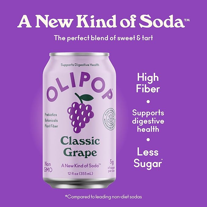 OLIPOP Prebiotic Soda Pop Classic Grape Pantry Pack Packed with Prebiotics Fiber and Botanicals Gluten Free GMO Free 12oz (12-Cans)