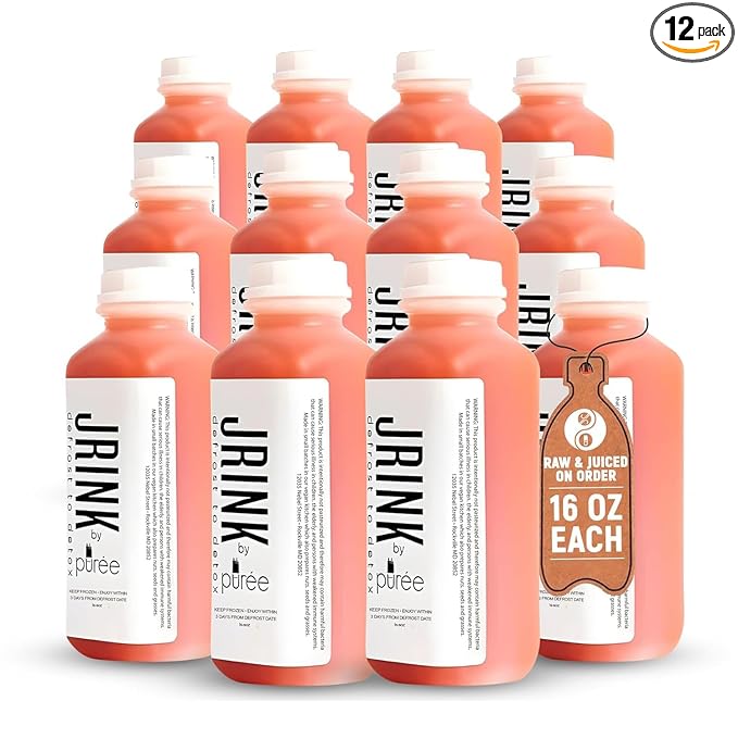 JRINK by Purée Organic Grapefruit Juice Cold Pressed Raw Fruit Cleanse Healthy Detox with No Preservatives Organic Juice Cleanse in HDPE Bottles Grape Citrus Beverage 16oz Pack of 12
