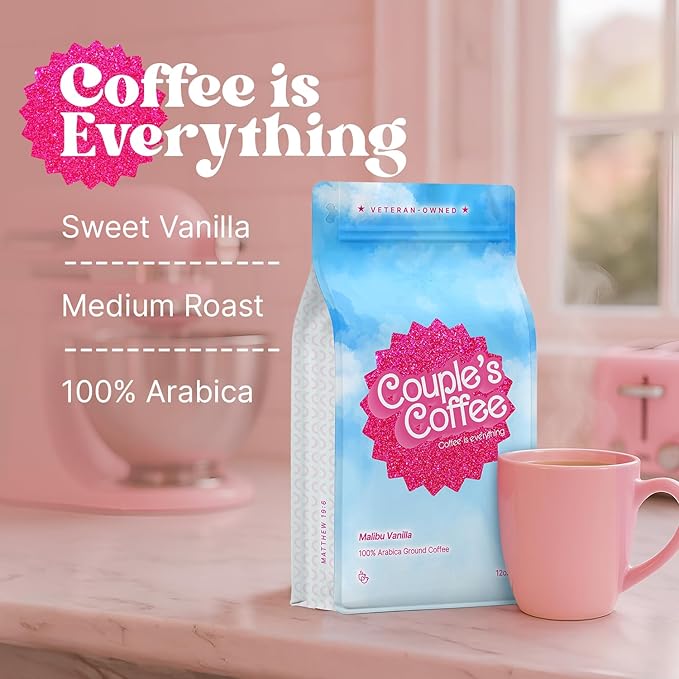 Couple's Coffee | Malibu Vanilla Flavored + Medium Dark and Handsome Coffee | Medium &amp Medium Dark Roast Ground Coffee | Valentine’s Day | His and Hers | 12oz | 100% Arabica