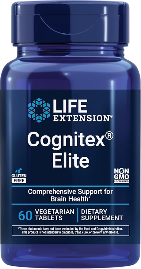 Life Extension Cognitex® Elite sage Blueberry ashwagandha phosphatidylserine vinpocetine Attention Focus Mood &amp Memory Gluten-Free Non-GMO Vegetarian 60 Tablets