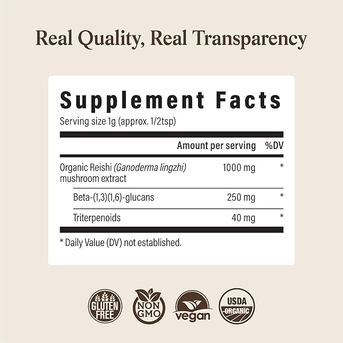 Real Mushrooms Reishi Mushroom Powder - Handpicked Organic Mushroom Extracts - Red Reishi for Tranquil Daily Wellness with Verified Beta Glucans Vegan Non-GMO No Grain Fillers 45 Servings