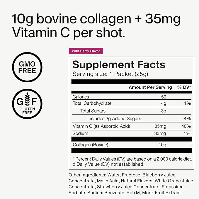 Momentous Collagen Shot Supplement - Hydrolyzed Bovine Collagen &amp Vitamin C Helps Support Joint Bone &amp Connective Tissue Health - NSF Certified for Sport - Wild Berry - 25g per Serving - 15