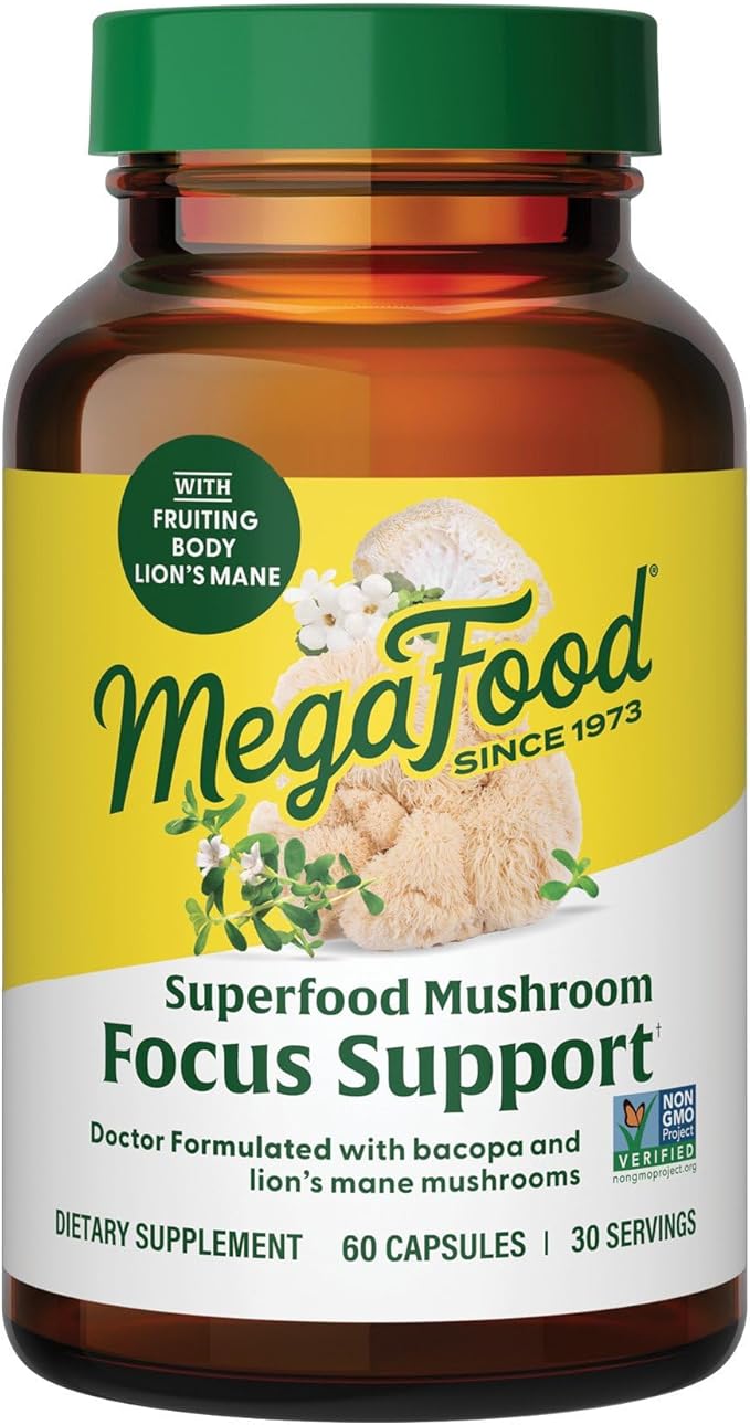 MegaFood Superfood Mushroom Focus Support - Lions Mane Supplement Capsules - Doctor Formulated – Lion’s Mane Mushroom Supplement with Clinically Studied Bacopa - Vegan - 60 Capsules 30 Servings
