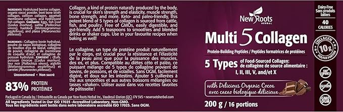 NEW ROOTS HERBAL Multi 5 Coco Collagen Powder Supplement (Types I II III V and X) Hydrolyzed Collagen - Dairy &amp Gluten Free - 12g per Serving - Chocolate Flavor 7.05 oz