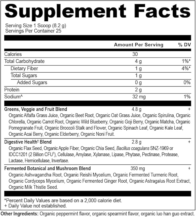 Ancient Nutrition SuperGreens Powder with Probiotics Organic Peppermint Flavor Greens Made from Real Fruits Vegetables and Herbs for Digestive and Energy Support 25 Servings 7.23oz