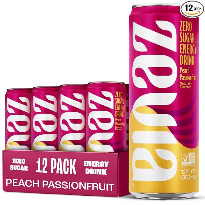 Zevia Zero Sugar Energy Drink Peach Passionfruit 12 oz Cans (12-Pack) – Naturally Sweetened Non-GMO Project Verified Gluten-Free Vegan