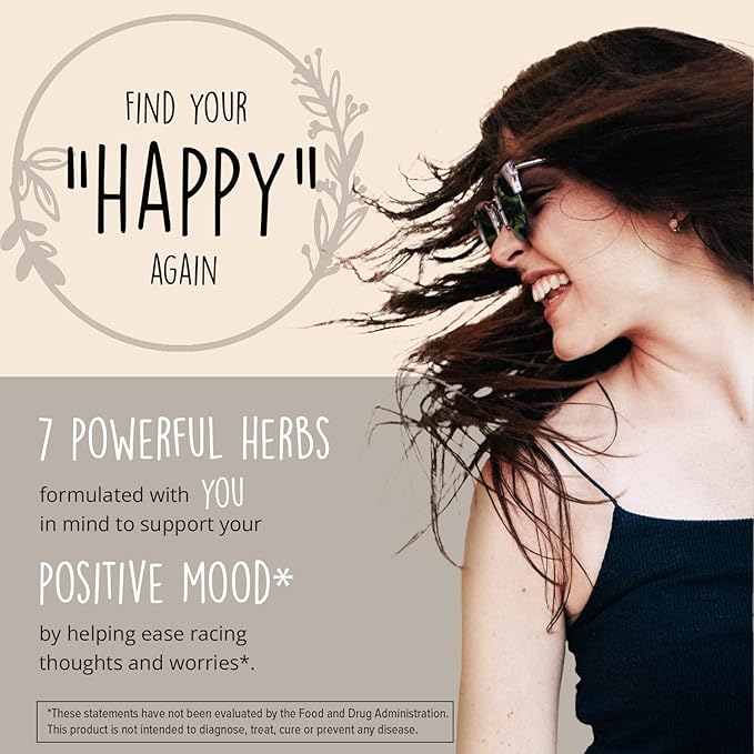 Joy-Filled Mood Support Supplement - 7 Herb Complex + St. Johns Worts (120 Ct) | Stress Relief Supplement with Rhodiola Rosea Eleuthero | Helps Calm The Mind &amp Body | 100% Plant-Based Happy Pills