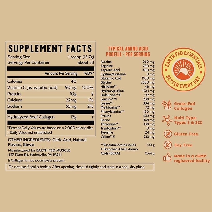 Earth Fed Muscle Lemonade Collagen Powder – Grass Fed Hydrolyzed Collagen for Women &amp Men - Healthy Bones Skin &amp Hair - Types 1 &amp 3 Collagen Powder 12g Per Serving 33 Servings