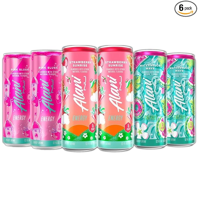 New Alani Energy Drinks Strawberry Sunrise Watermelon Wave Pink Slush Variety Pack Sugar-Free Low-Calorie Energy Boost Drink 12 fl oz (Pack of 6)