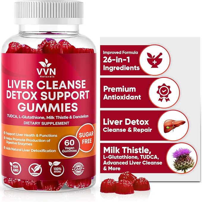 VVNaturals Sugar-Free 26-in-1 Liver Cleanse Detox &amp Repair Fatty Liver Formula Gummies 3000mg Blend of Glutathione Silymarin Milk Thistle Choline TUDCA | Liver Detox Gummies - 60 Vegan Ct