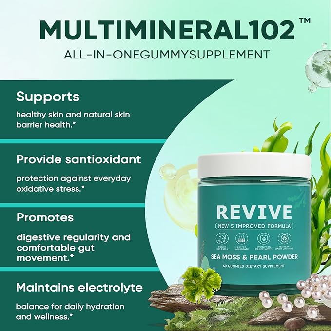 Revive Hair Gummies Balmbare Revive Gummies for Hair Promotes Thicker Fuller Stronger Hair with Organic Irish Sea Moss Pearl Powder Glow Vitamin C/E Aloe Vera 60 Count