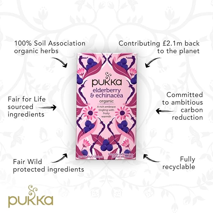 Pukka Organic Tea Bags Elderberry &amp Echinacea Herbal Tea Perfect for Wellness Support 20 Count (Pack of 3) 60 Tea Bags