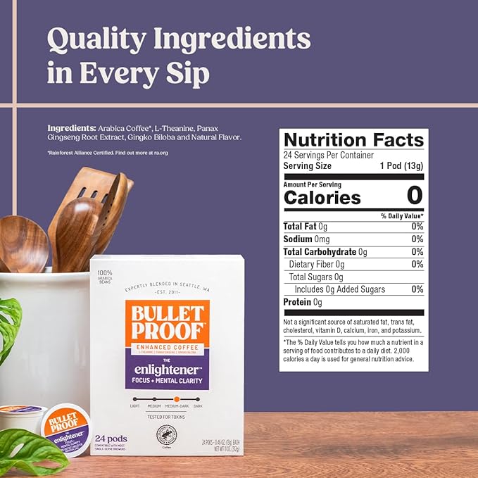 Bulletproof The Enlightener Coffee Pods 24 Count Medium-Dark Roast Enhanced Coffee with L-Theanine Panax Ginseng and Gingko Biloba Supports Mental Clarity Focus and Memory