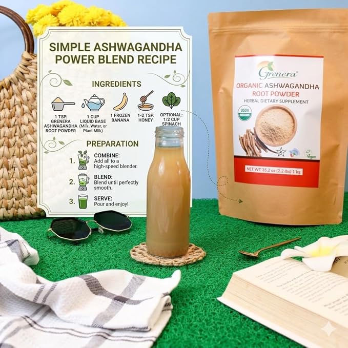 Grenera Organic Ashwagandha Powder 2.2 lbs (35.2 Ounce) (Withania somnifera) - Organic Vegan Kosher Certified