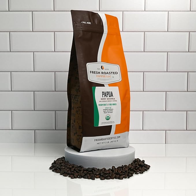 Fresh Roasted Coffee Organic Papua New Guinea | USDA Organic 100% Single Origin Kosher | Medium Roast 2 lb (32 oz) Whole Bean