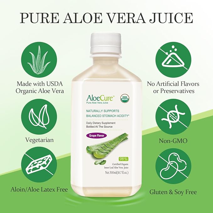AloeCure USDA Organic Aloe Vera Juice Grape Flavor Made Within 12 Hours of Harvest - Pure Aloe Vera Digestive &amp Immune Health Supplement Helps Maintain Balanced Stomach Acidity 16.7oz x 4 Btls