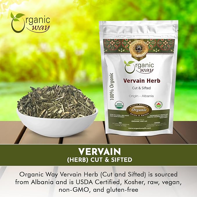 Organic Way Vervain Herb (Verbena officinalis) Cut and Sifted | Herbal Tea | Wild-Crafted | Non-GMO &amp Gluten Free | Resealable Bag | Raw from Albania (1 lb 16 Oz)