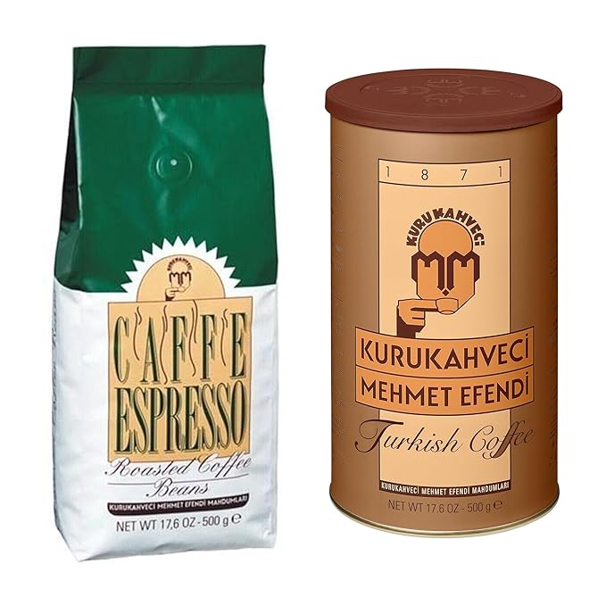 KURUKAHVECI MEHMET EFENDI Coffee Bundle – Turkish Coffee Ground 500g and Espresso Coffee 500g Rich Aroma