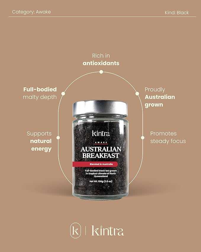 Kintra Foods Australian Breakfast Loose Leaf Tea Jar 100g | Natural Black Tea Bold &amp Full-Bodied Flavor | Eco-Friendly Antioxidant-Rich No Additives No Sugar