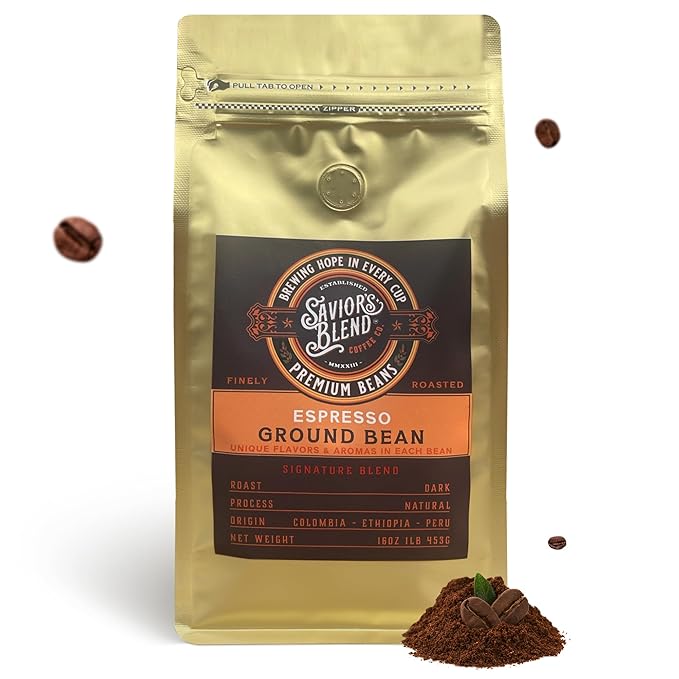 Savior's Blend Coffee Premium Espresso Ground Coffee Dark Roast Colombian-Ethiopian-Peruvian Blend 16 oz