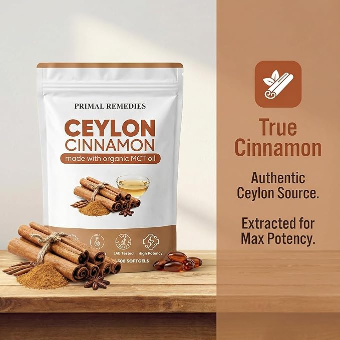 Primal Remedies Ceylon Cinnamon - 300 Softgels with MCT Oil Highly Bioavailable Non-GMO Gluten Free Vegan Capsules for Blood Sugar &amp Metabolism Support (1)
