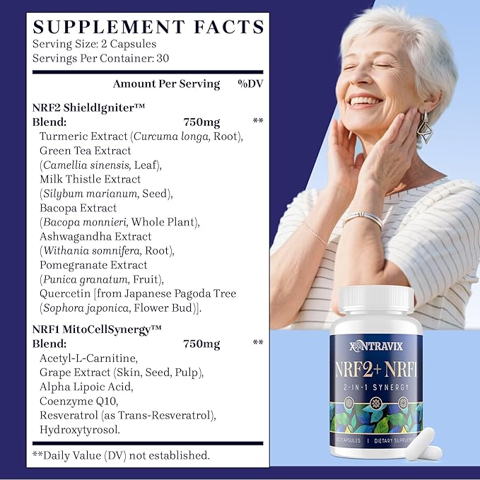 NRF1 &amp NRF2 Supplement 1500mg | Dual Activator with CoQ10 Curcumin Trans Resveratrol &amp Ashwagandha | Antioxidant for Oxidative Stress Wellness Aging &amp Cellular Energy | 60 Capsules (2 B