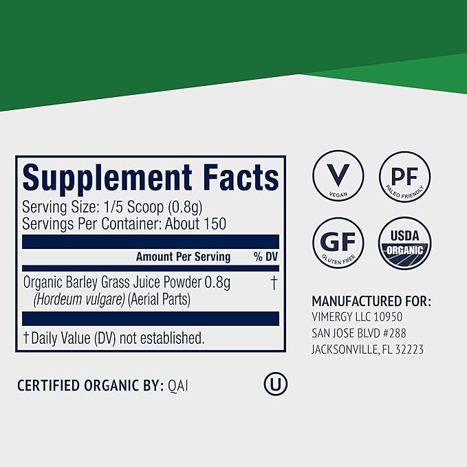 Vimergy Barley Grass Juice Powder Dietary Supplement - 0.8g per Serving (150 Servings) – Clean Superfood Formula – Promotes Cardiovascular Health* – Organic Vegan &amp Gluten-Free – Travel Size 120g
