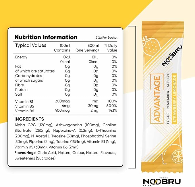 Noobru Аdvantage Nootropic - Delicious Nootropics Brain Supplement with 11 Active Ingredients - Natural Cognitive Enhancer - 20 Strawberry Lemonade Sachets - 1 Month Supply 20 Count (Pack of 1)