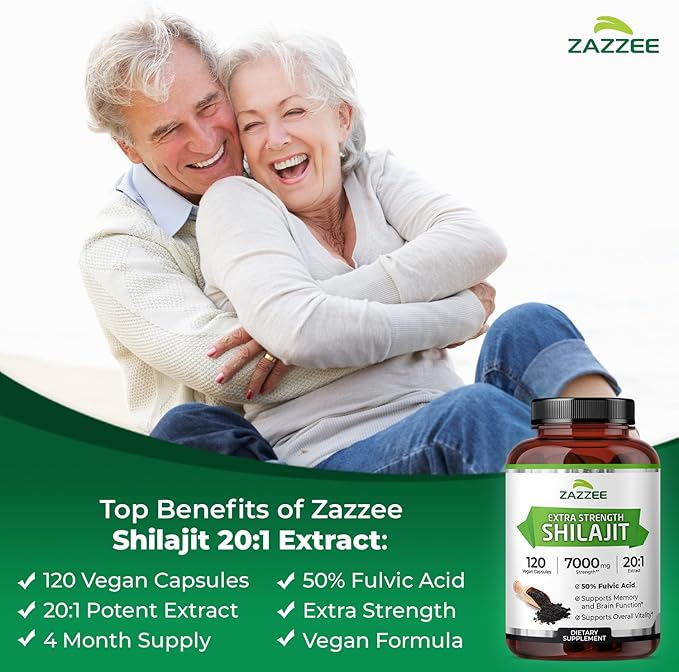 Zazzee 100% Pure Himalayan Shilajit 20:1 Extract 50% Fulvic Acid 120 Vegan Capsules 4 Month Supply Rich in Trace Mineral 20X Potency Energy &amp Vitality Support Non-GMO Made in the USA