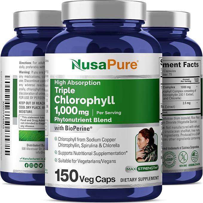 NusaPure High Absorption Triple Chlorophyll 1000 mg 150 Veg Caps Suitable for Vegetarians and Vegans Non-GMO