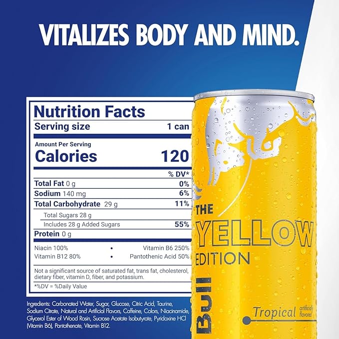 Red Bull Yellow Edition Energy Drink Tropical with 80mg Caffeine plus Taurine &amp B Vitamins 8.4 Fl Oz Pack of 12 Cans