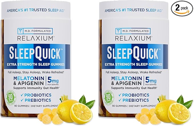 Relaxium SleepQuick Gummies - Sleep Aid + Gut Health &amp Immune Support 5mg Melatonin Vitamin D-3 + Prebiotic &amp Probiotic Blend Gluten &amp Drug Free Lemon Flavor 90 Gummies (Pack of 2)