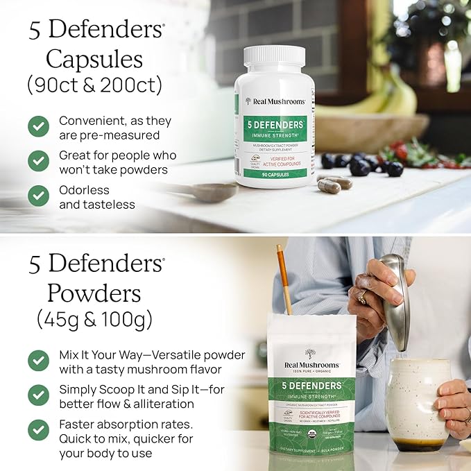Real Mushrooms 5 Defenders - Adaptogenic Mushrooms Complex with Chaga Reishi Turkey Tail Maitake &amp Shiitake for Wellness Support - Mushroom Beta Glucan Capsules - 90 Count (Pack of 2)