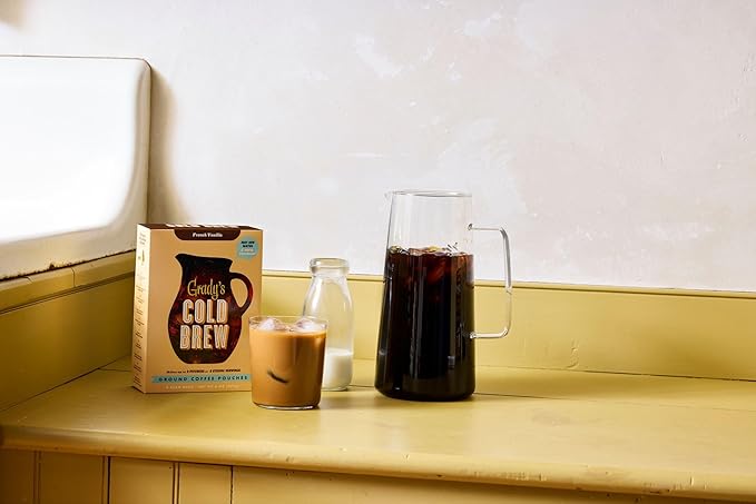 GRADY’S COLD BREW French Vanilla 100% Arabica Ground Coffee &amp Chicory Pouches ONE Box with 4 Easy-to-Brew Bean Bags Makes 12 drinks