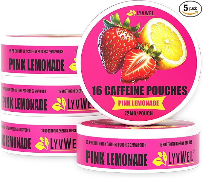 LyvWel 72mg Caffeine Energy Pouches – Pink Lemonade – Tart Vibrant Energy with Guarana – 5-Pack (80 Total Pouches)
